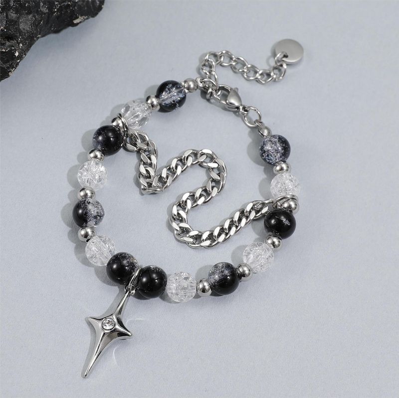 Ice Crack Beads Titanium Staal Vierpuntige Ster Dubbele Laag Stapelarmband Koude Stijl Persoonlijkheid Accessoires Trendy Hip Hop Hand Sieraden_voghion.com