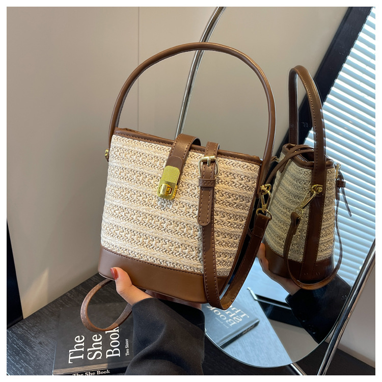 Borsa a secchiello da donna, elegante borsa intrecciata a mano, borsa a tracolla singola in paglia intrecciata da donna, borsa a secchiello casual_voghion.com