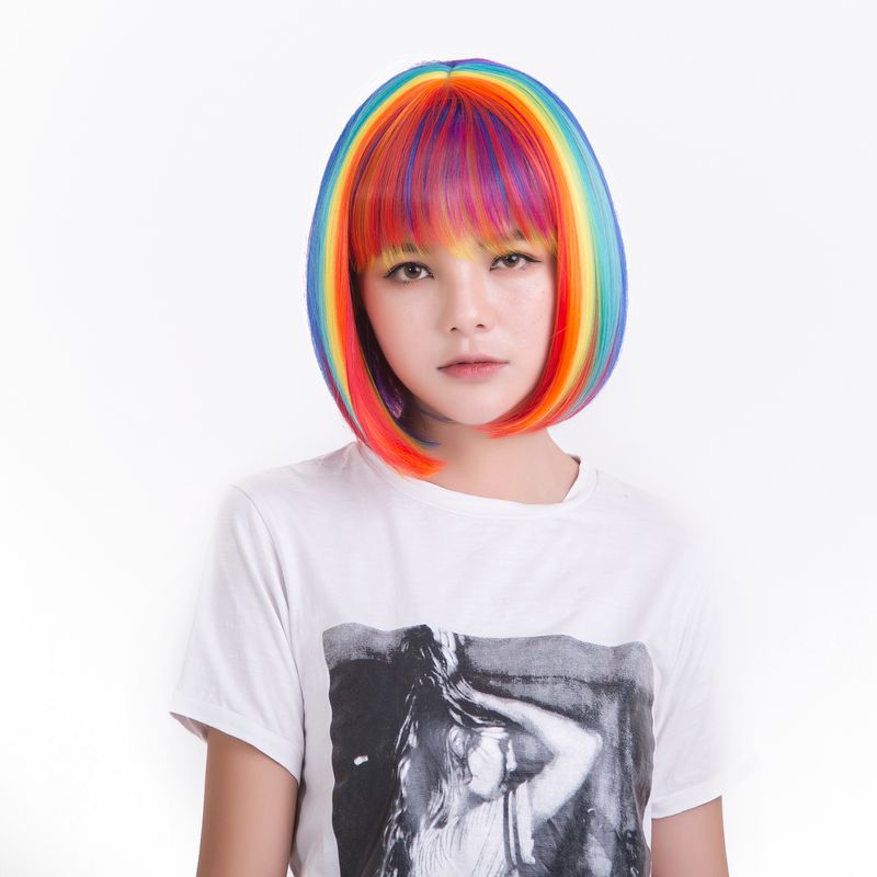 Mehrfarbige Regenbogen-Perücke, kurze Bob-Perücke mit Pony, lockig, gewellt, synthetische Cosplay-Perücke für Frauen und Mädchen_voghion.com