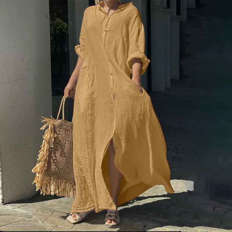 Abbigliamento donna casual tasca camicia colletto gonna lunga casual cotone e lino grandi dimensioni abito gonna_voghion.com