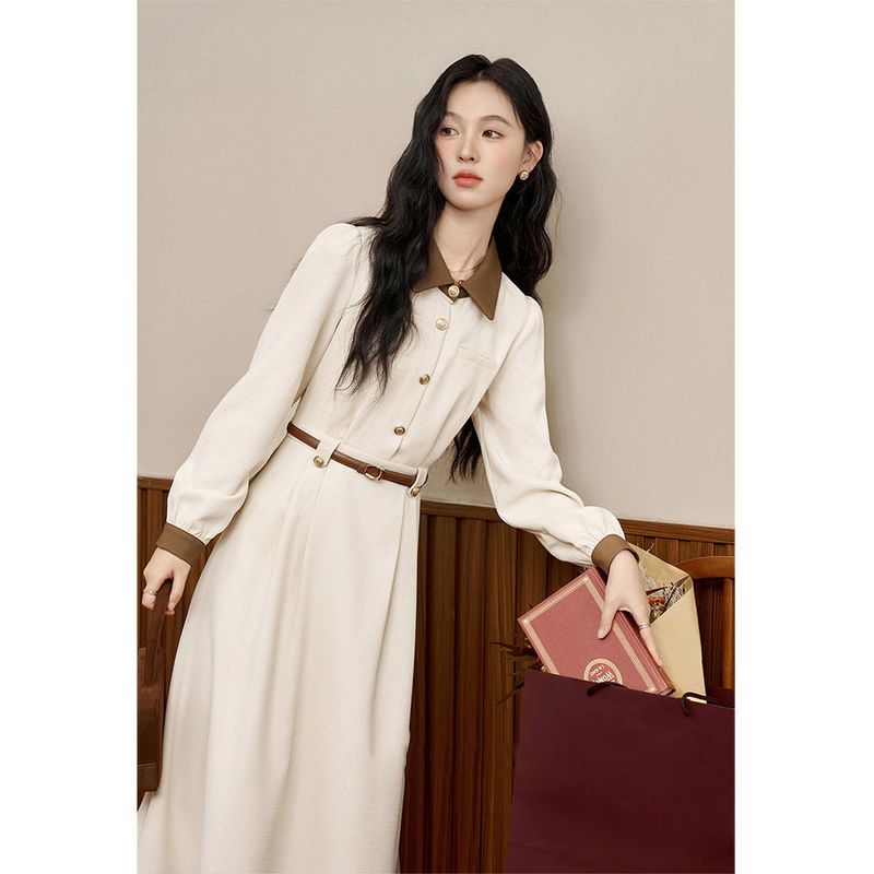 Apricot Waist-Cinching Long Dress + Short Blazer Fashion 2024 Autumn Simple Elegant Two-Piece Set_voghion.com