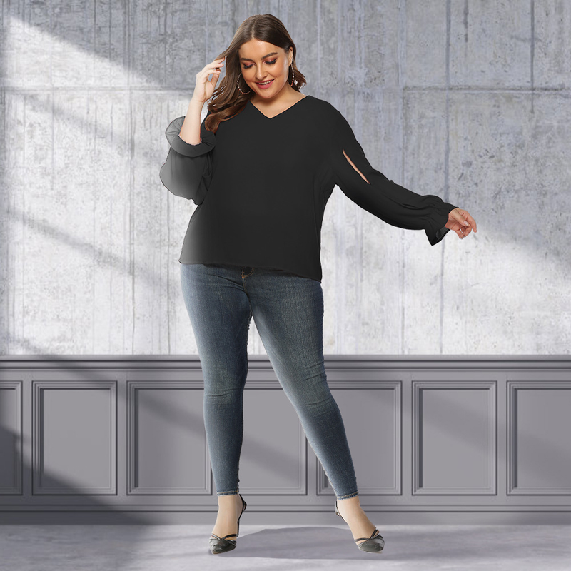 Große Damen Fat MM2023 Frühling/Sommer Solide V-Ausschnitt Split Bubble Sleeve Lose Langarm Chiffon Shirt JR336_voghion.com