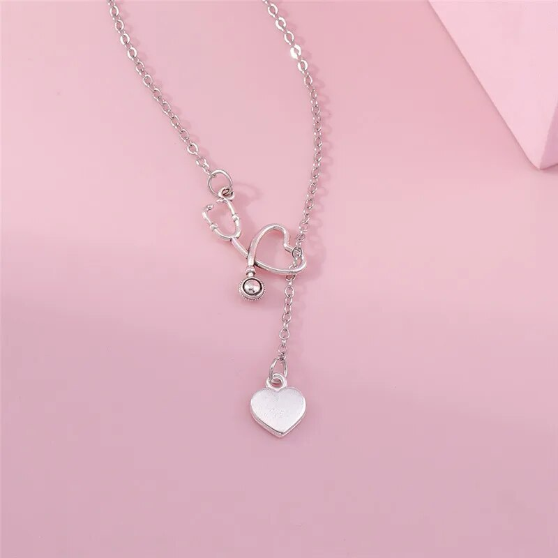 Collana stetoscopio alla moda, nuova alla moda, ciondolo a forma di cuore color argento, collana medica occidentale_voghion.com