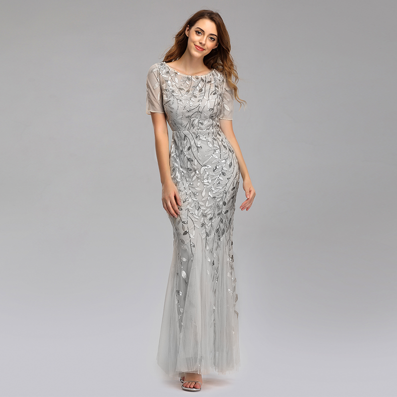 Plus Size Evening Dresses Mermaid O Neck Short Sleeve Lace Appliques Tulle Long Party Gown Robe Soiree Sexy Formal Dress Vestido_voghion.com