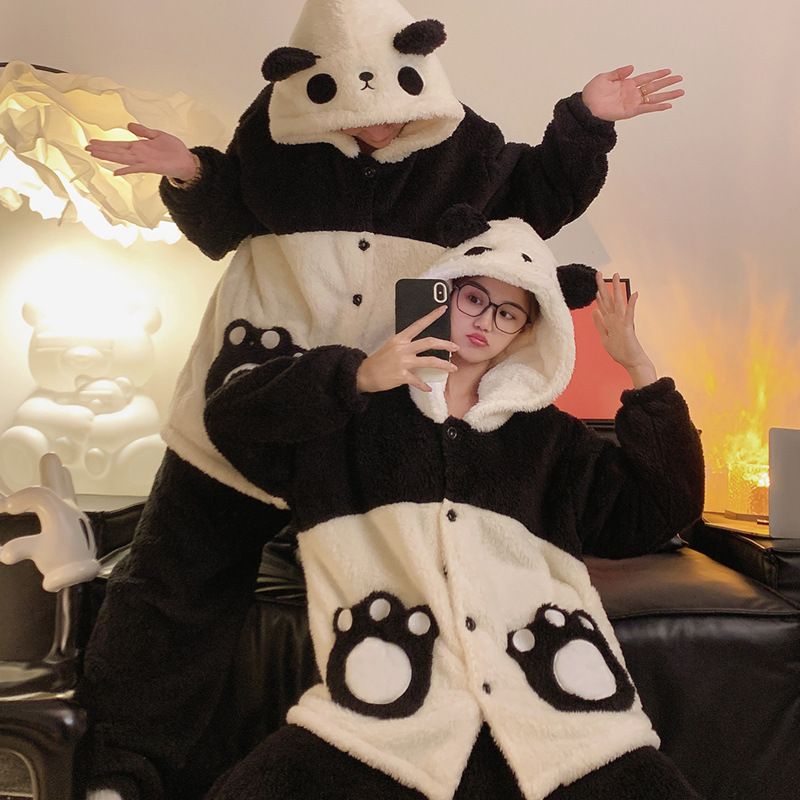 Winter cartoon panda hooded couple pajamas with thick plush long sleeves, men's and women's flannel home clothes_voghion.com