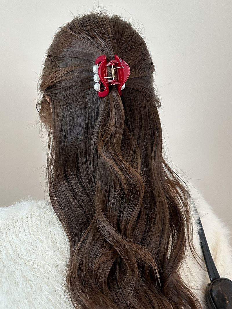 Temperamento Rosso Mezza Legatura Capelli Coreano Edizione Perla Piccola Fermaglio per Capelli Parte Posteriore della Testa Temperamento Forcina per Capelli Senso Avanzato Fermaglio Squalo Irregolare_voghion.com