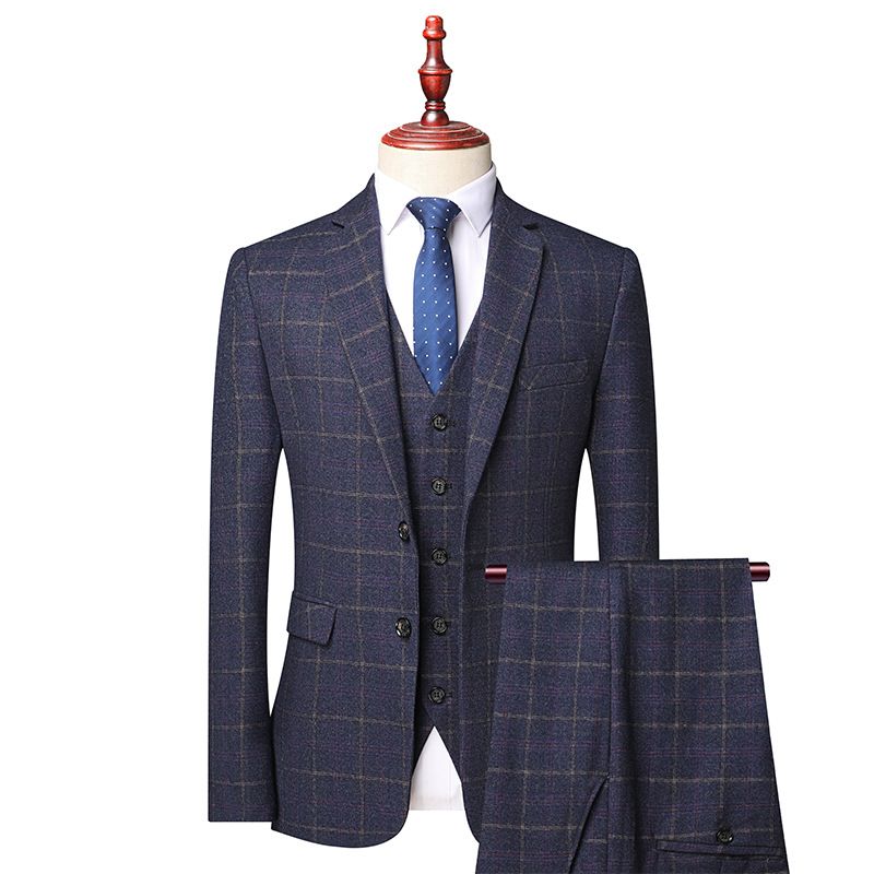 Completo da uomo a quadri CT in stile coreano, vestibilità slim fit, modello 2025, per uomini giovani e di mezza età, completo da tre pezzi_voghion.com
