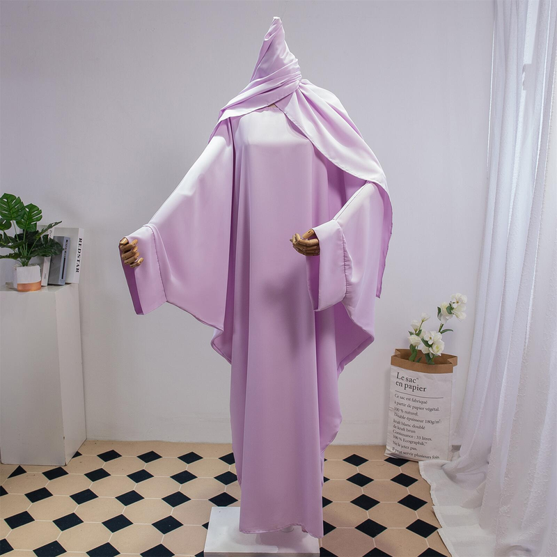 Dammekleeder Einfarweg Arabesch Kleed Fraekleed mat Kappduch Abaya Casual Loose Fliedermausärmel Robe_voghion.com