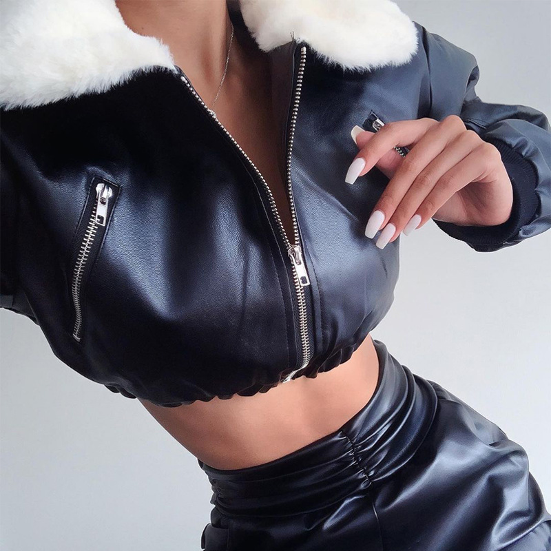 Showmirrror revers top met lange mouwen effen bont ruches pu leren jas winter damesmode kunstleer streetwear pluche_voghion.com