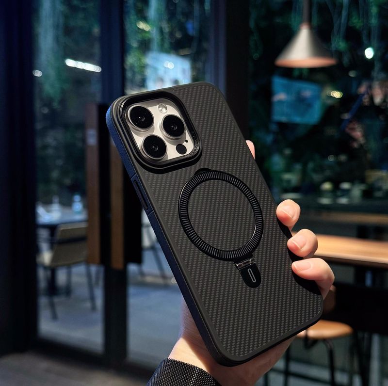 Applicable to iPhone16ProMax mobile phone case carbon fiber pattern PC magnetic bracket Aple 14 anti fall protective cover 13_voghion.com