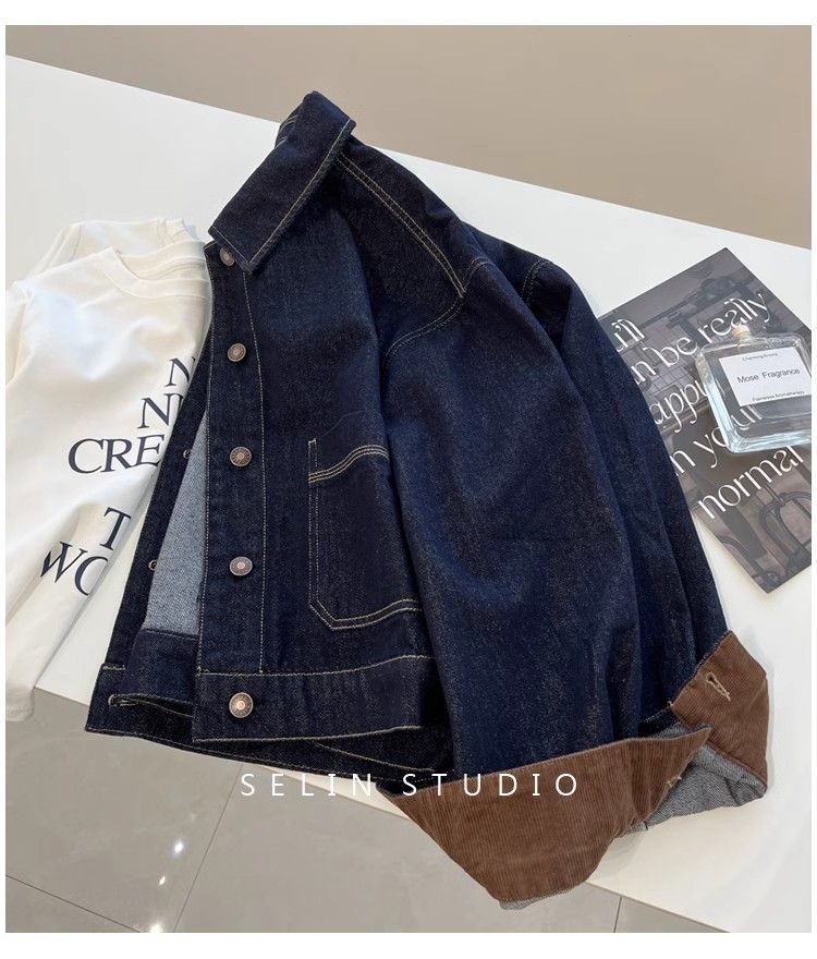 Giacca in denim oversize da donna - Stile boyfriend retrò, blu scuro, vestibilità comoda, cappotto casual unisex per l'autunno_voghion.com