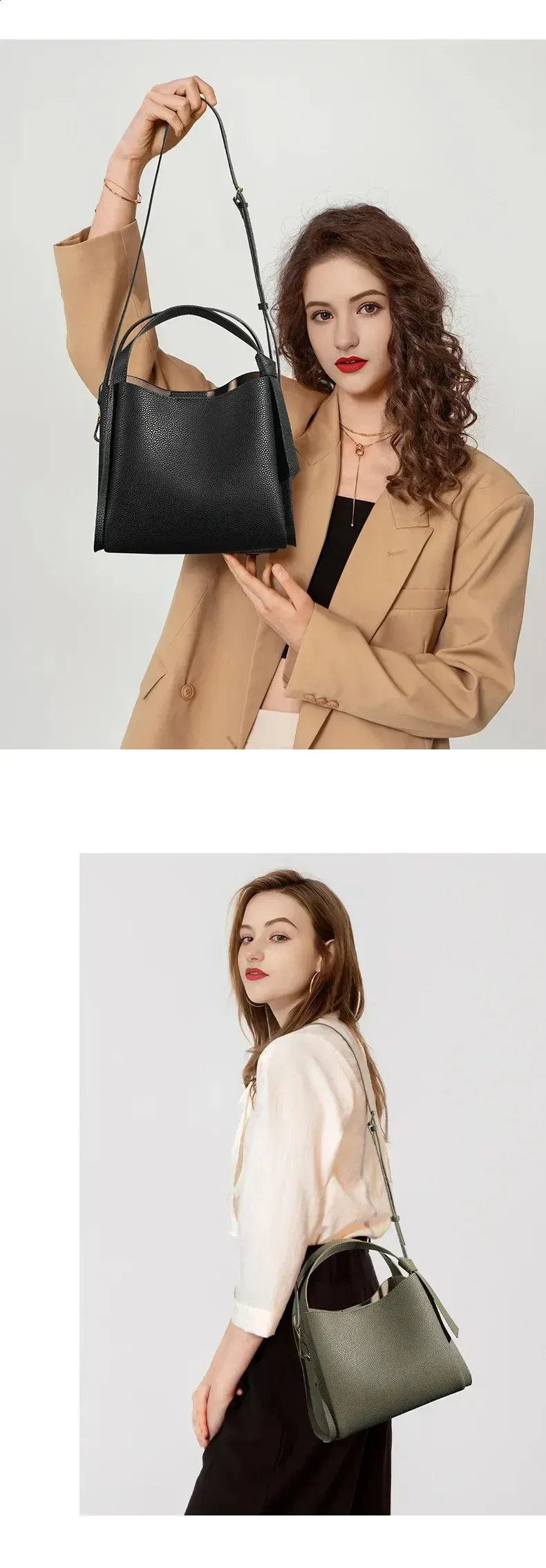 Lychee Pattern Leather Simple Vegetable Basket Handbag Womens Denim Portable Bucket Shoulder Bag 240827_voghion.com