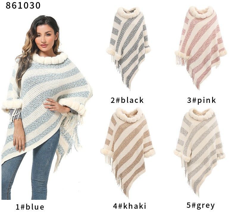 Women's Shawls Imitation Rex Rabbit Fur Collar Knitted Pullover Cape Women's Chenille Warm Striped Shawl Sweater_voghion.com