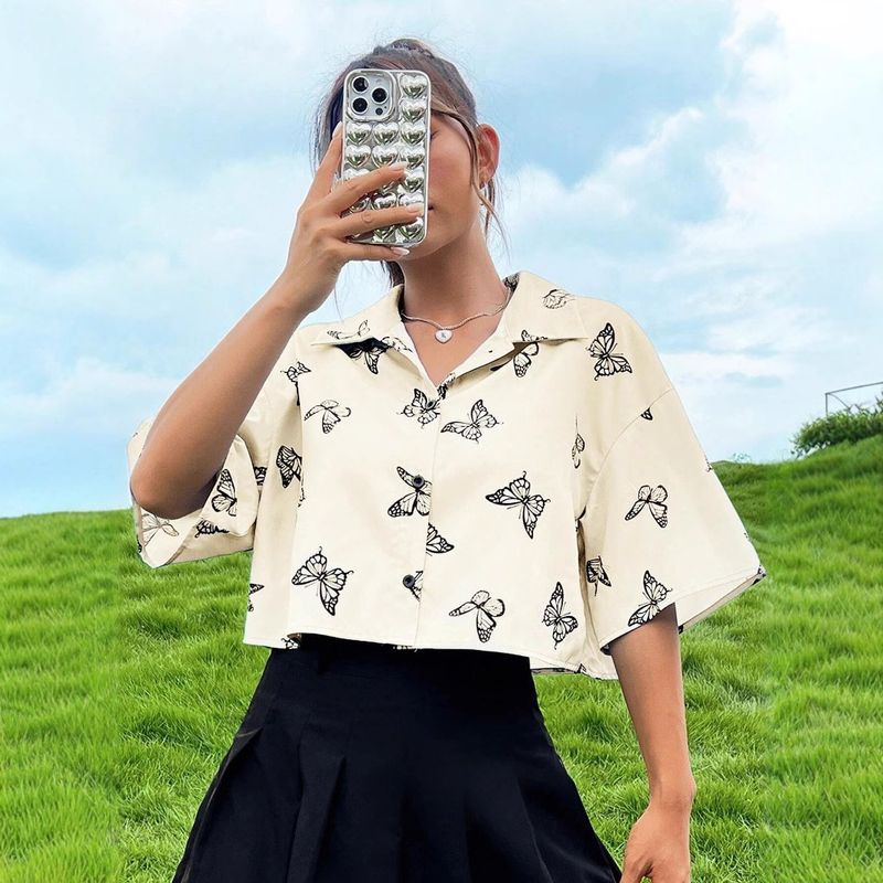 Maglietta a maniche corte con stampa a farfalla, moda estiva, abbigliamento da donna_voghion.com