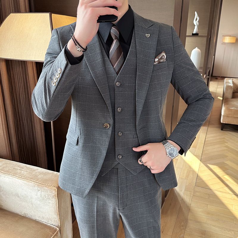 CT Herren Herbst Winter Dreiteiliges Business Casual Plaid Zweireihiges Reversanzug-Set Live-Streaming_voghion.com