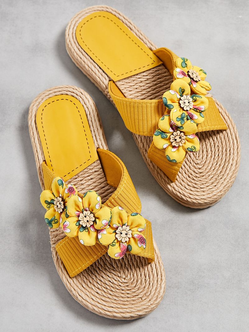 Scarpe da donna, nuove pantofole estive da donna, con una sola linea, con fondo in corda, tinta unita, tendenza moda, per interni ed esterni, con sei piccoli fiori._voghion.com