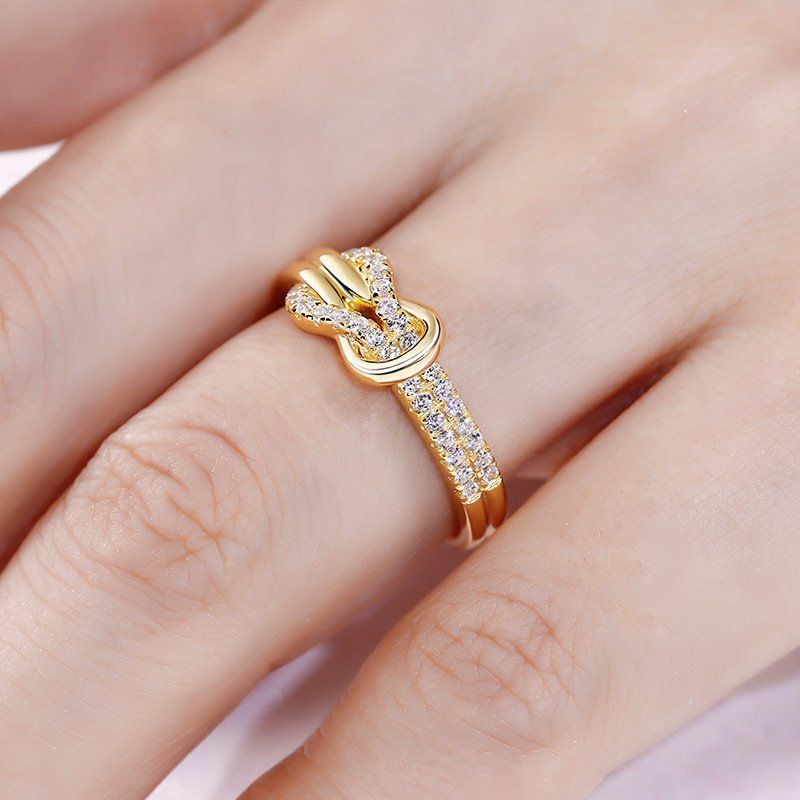 Anel de noivado feminino elegante estilo coreano e japonês com incrustações de diamantes e flores com nó Rongyu_voghion.com