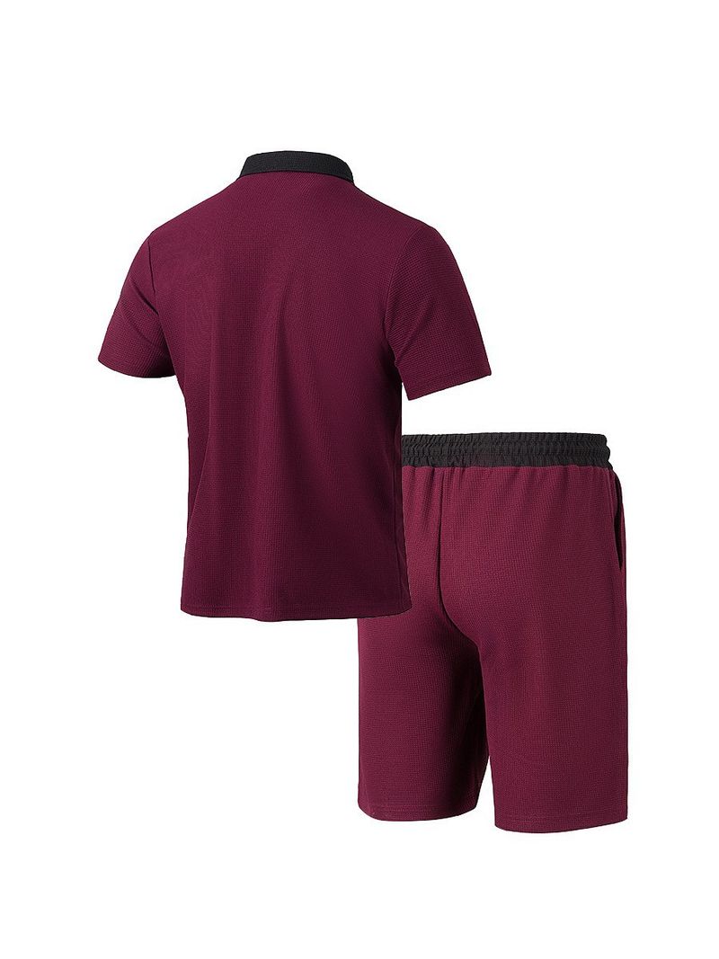 Terno masculino casual versátil com lapela e botões, camisa combinando com cores, manga curta e shorts_voghion.com