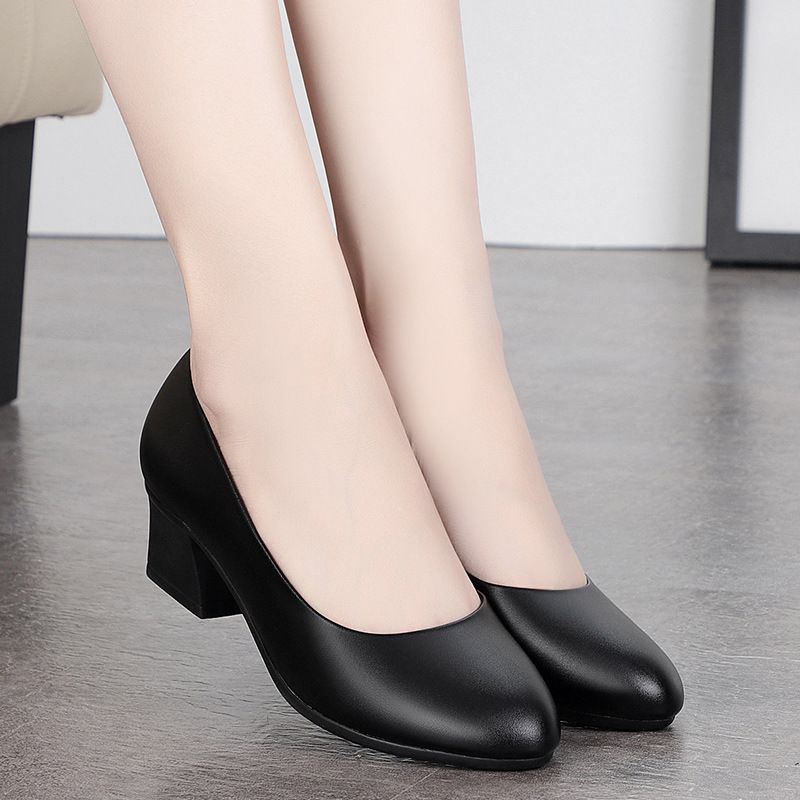 Leather Mid-Heel Work Women Black Comfortable Rubber Soft Sole Slip-On Office Women's Single Shoes_voghion.com