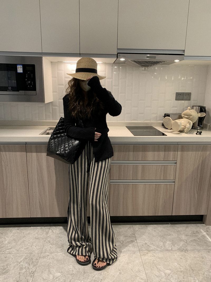 Große strukturierte vertikale Streifen für Frauen im Sommer, neues gerades Bein, das schlank aussieht, eine hohe Taille hat und ein Gefühl von_voghion.com