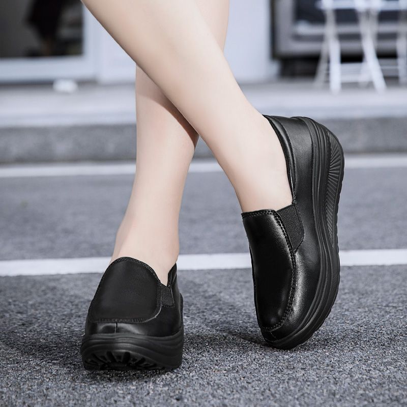 Damen Frühling Echtes Leder Weiche Laufsohle Arbeit Weibliche Schwarze Swing Schuhe Frau Plus Size Wedges Einzelne Schuhe_voghion.com