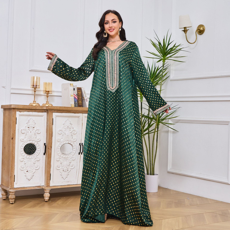 Mt034 Kadın Yeni V Yaka Abaya Robe Müslüman Büyük Salıncak Uzun Sıcak Damgalı Elbise_voghion.com