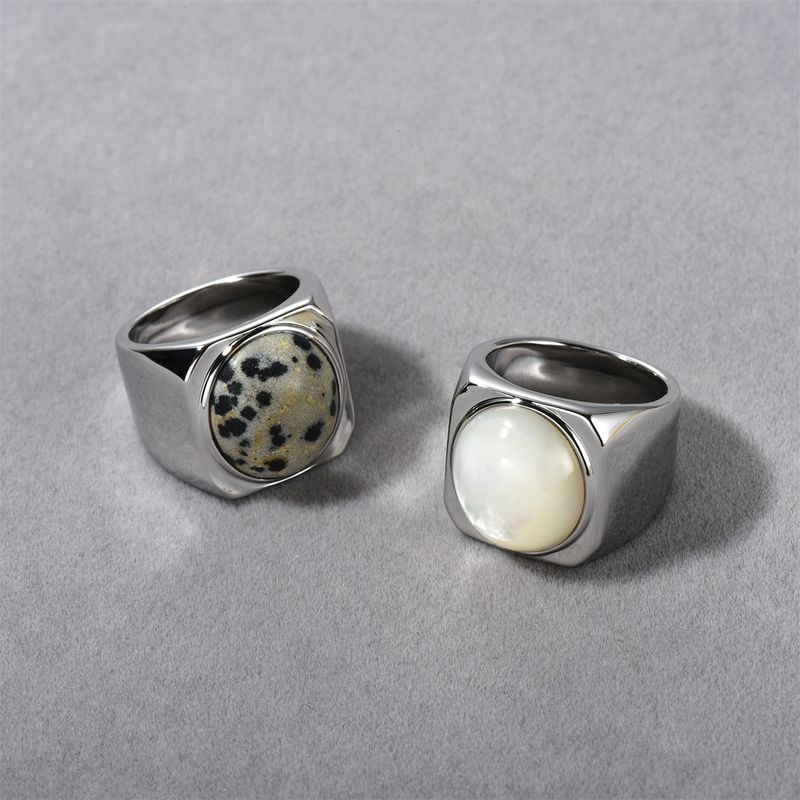 Damenschmuck Ovaler Punktstein & weißer Perlmuttring – Breites quadratisches Band Vintage Geometrisch Boho Minimalistischer Statement-Ring für Frauen_voghion.com