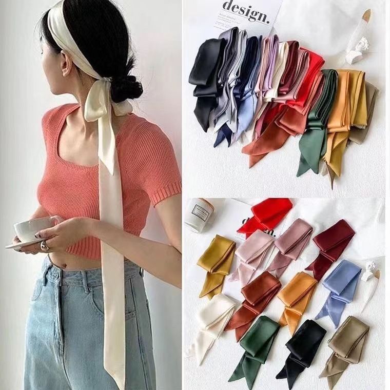 New Super Long Solid Color Narrow Long Silk Scarf, Versatile Small Scarf, Decorative Head Scarf_voghion.com