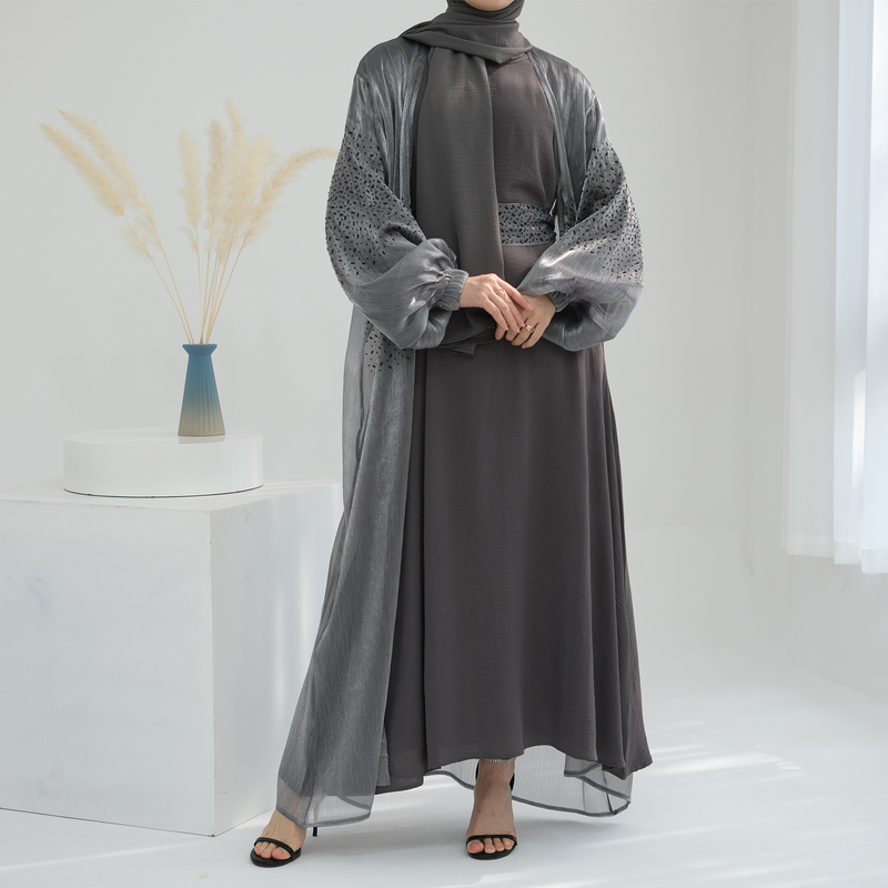 Women’s Clothing Muslim Fashion Dubai Daily Solid Color Puff Sleeve Sleeve Robe Cardigan_voghion.com