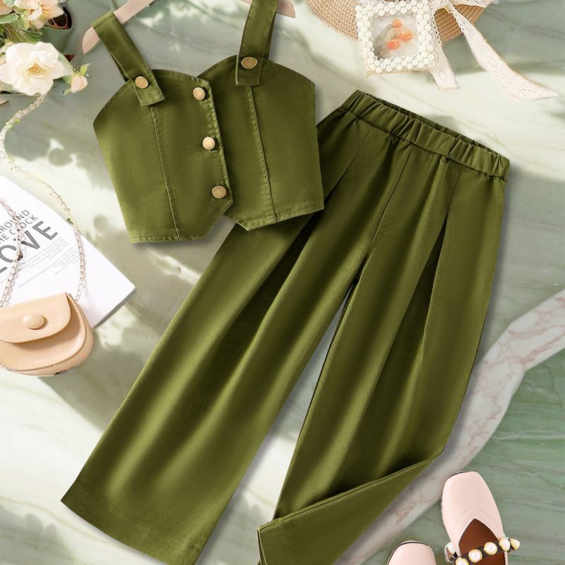 Traje de trabajo para madres e hijos, para niñas, color liso, con tirantes y botonadura sencilla, de mezclilla, talla pequeña y mediana, de dos piezas._voghion.com