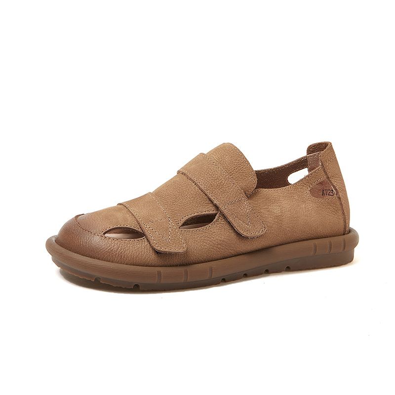 Genuine Leather Women's Sandals Summer Velcro Design Casual Sole Soft Surface Suede Cowhide Flat Shoes_voghion.com