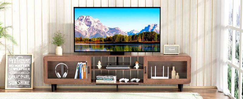Mid Century Modern TV Stand For 55/60/65/70 Inch TV, Wood Entertainment Center With Power Outlets, Media Console With Sliding Doors And Open Shelf F_voghion.com