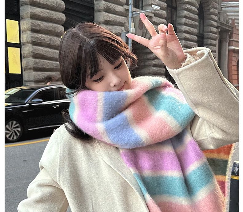 New Dopamine Striped Handmade Wool Ball Warm Scarf For Women In Winter, New Korean Version Thickened Cold Resistant Couple Scarf_voghion.com