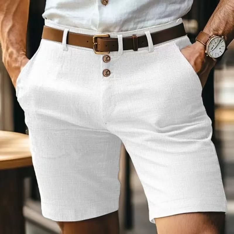 Sommer Neue Herren Leinen Fünf Viertel Einfarbige Shorts mit Knöpfen, Sport Strand Freizeithose_voghion.com