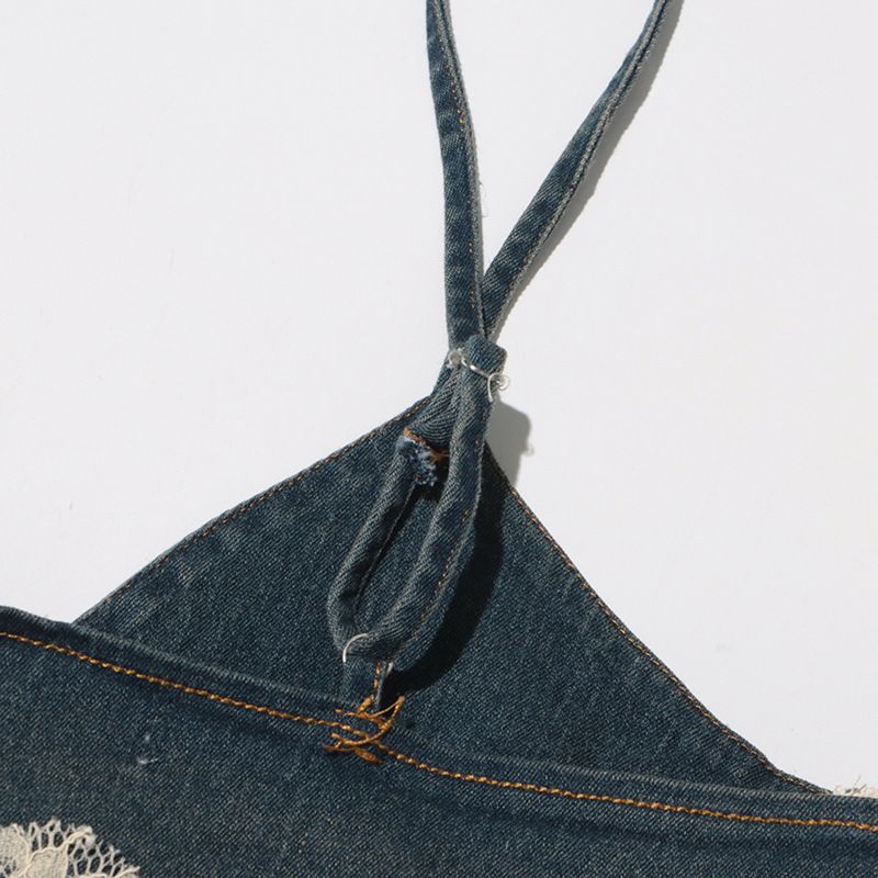 Damenbekleidung Mode sexy Hot Girl Style Sommer neue Spitze Spleißen Hosenträger Top + Kordelzug Denim Mode Shorts_voghion.com