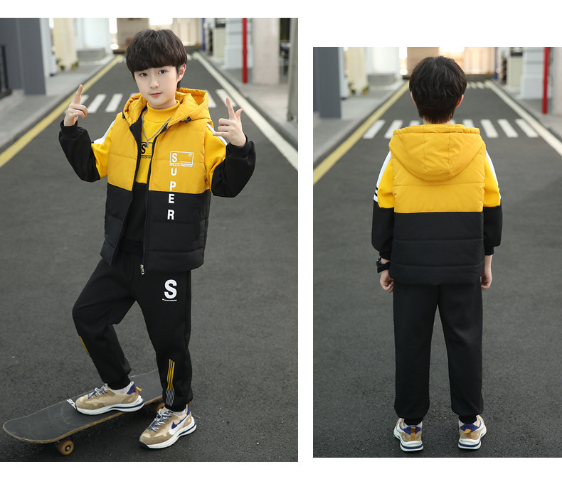 Kinderherfst- en winterjongensset Cuhk Kinderen Jongenswinterfleece verdikte capuchon Driedelige set Mode_voghion.com
