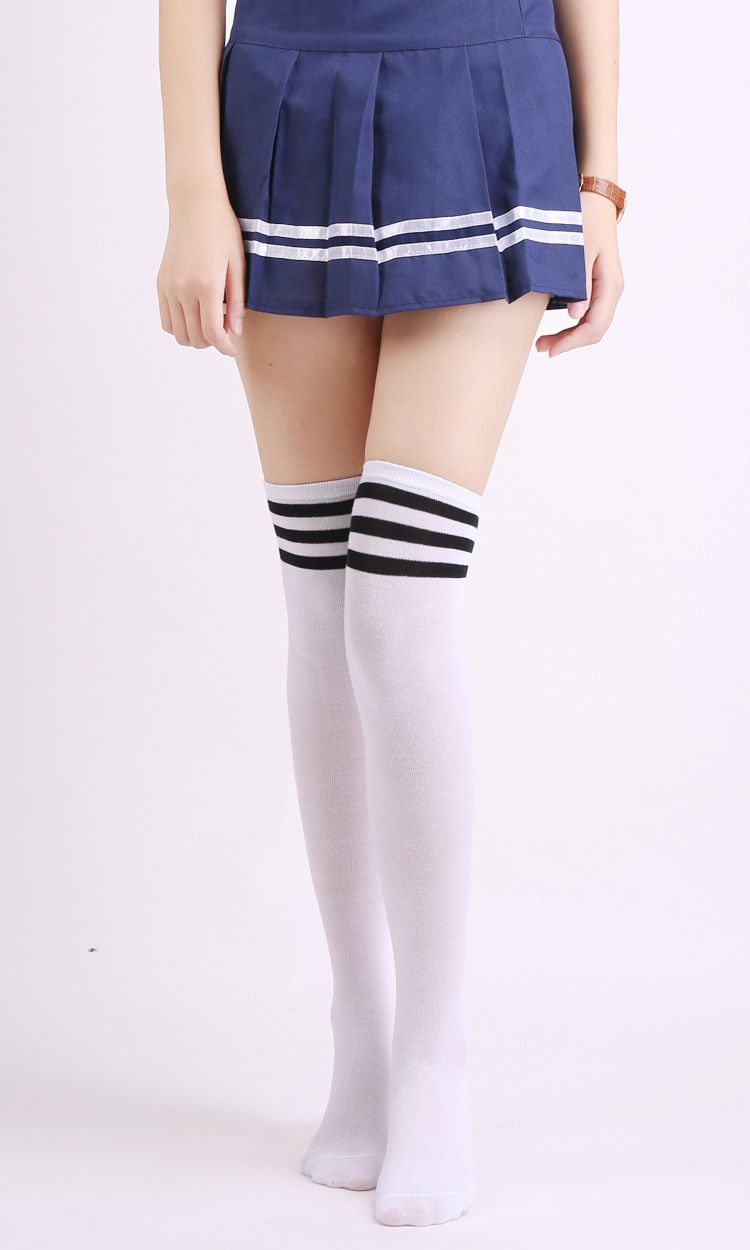 Calzini Harajuku in stile college giapponese, con tre strisce bianche e nere, da donna, sopra il ginocchio, da calcio, lunghi e alti_voghion.com