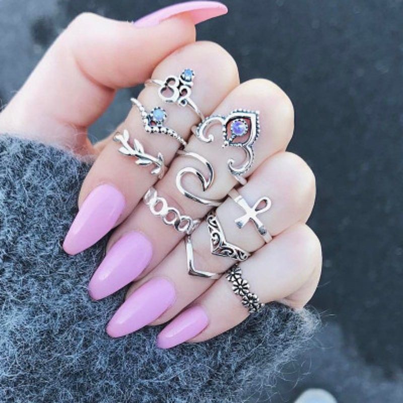 Fashion 10PCS/Set Vintage Antique Moon Heart Ring Crown Opal Stone Finger Midi Rings Set for Women Boho Jewelry Gift_voghion.com