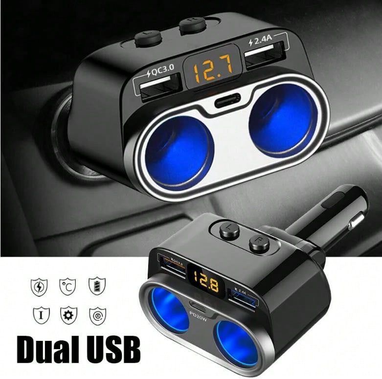 5 In 1 Lighters Socket Two Port Power Adapter 12V/24V Dual USB Fast Charge + Type-C Car Charger With Independent Switch_voghion.com