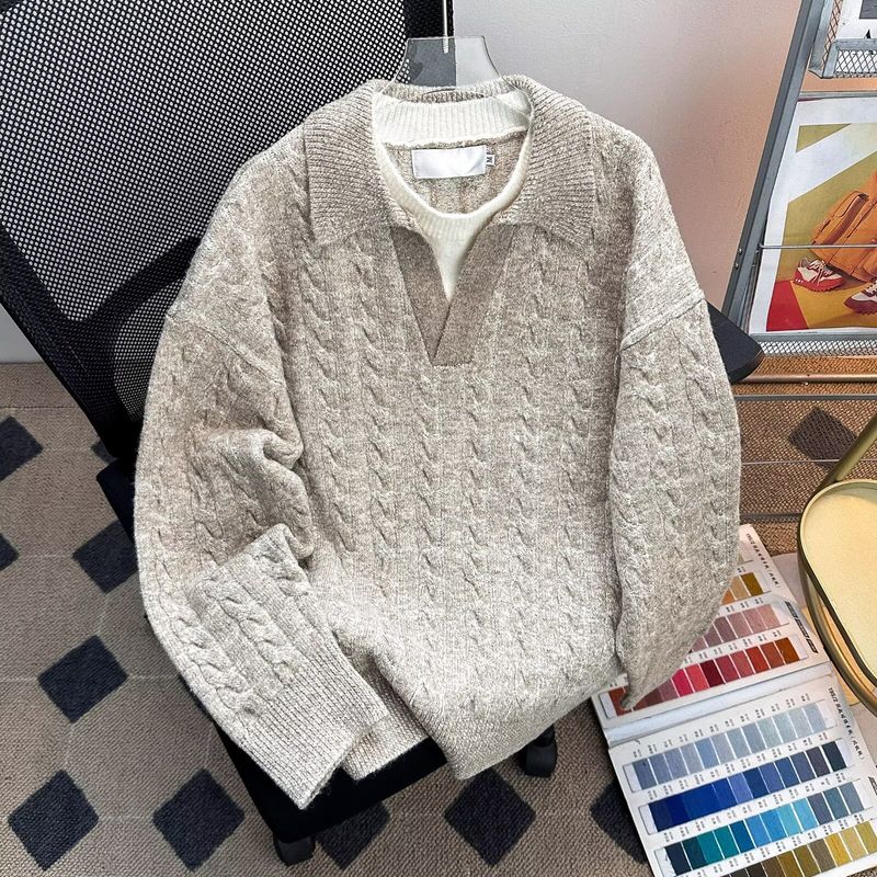 Herren-Pullover im koreanischen Stil mit Stehkragen – Oversized-Strickoberteil mit langen Ärmeln (Atmungsaktiv, Farbblock-Design, S-XXXL, Minimalistisch-lässig)_voghion.com