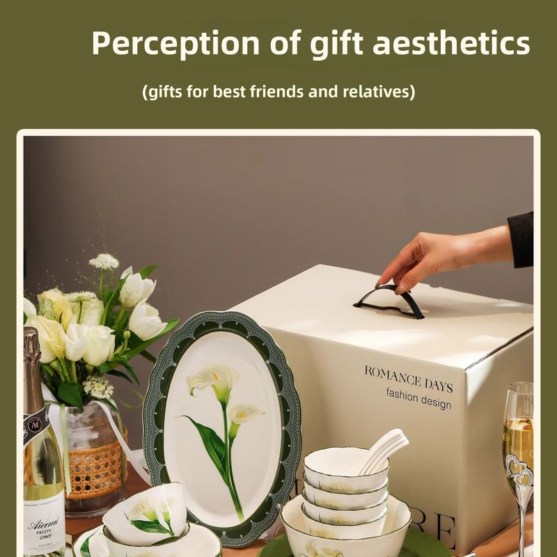 French Calla Lily Tableware Set Home Light Luxury High-end Ceramic Bowl Plate Box New Wedding Gift_voghion.com