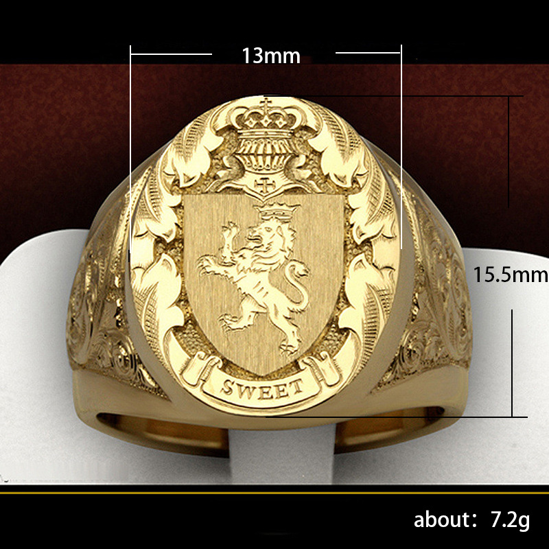 Cao Shi Crown Lion Shield Emblem Kupferbeschichteter Herrenring mit königlichem Siegel_voghion.com