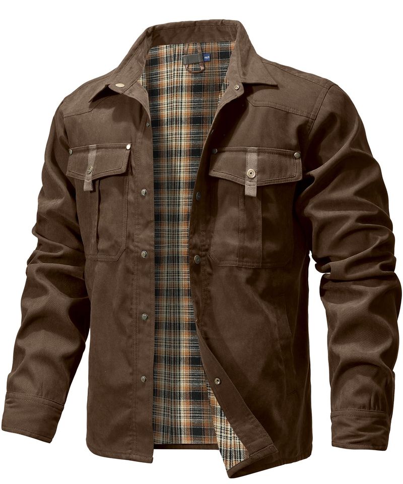 Herrenjacken Frühling Flanell gefüttert Hemd Mantel Shacket Lässige Druckknopf-Overshirt Western Cowboy-Stil Hochwertiges Top US-Größe_voghion.com