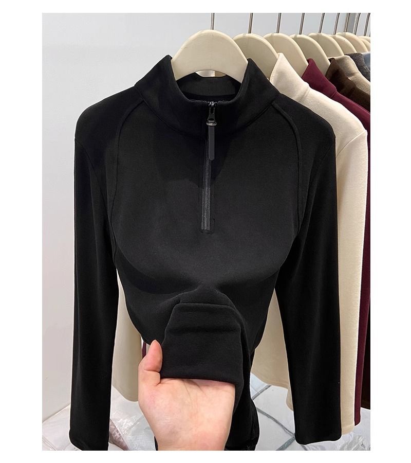 Half-Zip Stand Collar Fleece-Lined Long Sleeve Sweatshirt - Women's Thermal Base Layer For Fall & Winter_voghion.com