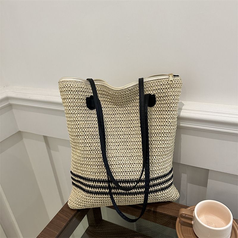 Borsa a tracolla casual a righe, grande capacità, semplice, alla moda, estiva, da donna, intrecciata in paglia, 2024_voghion.com
