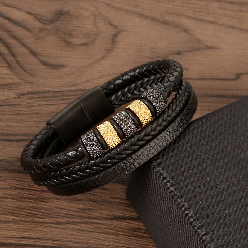 Trendy Creative Doppelschicht Edelstahl Zylinder Rändellederarmband Herren gewebt einfache Hand Seil_voghion.com