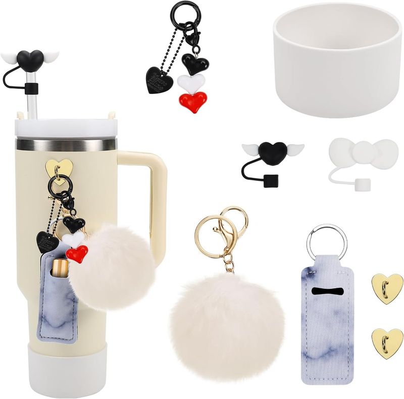 Tassen-Zubehör-Set, 10 mm, Liebesschleife, Strohkappe, weicher Kleber, Tassenabdeckung, bunte Kugel, Anhänger, Dekoration_voghion.com