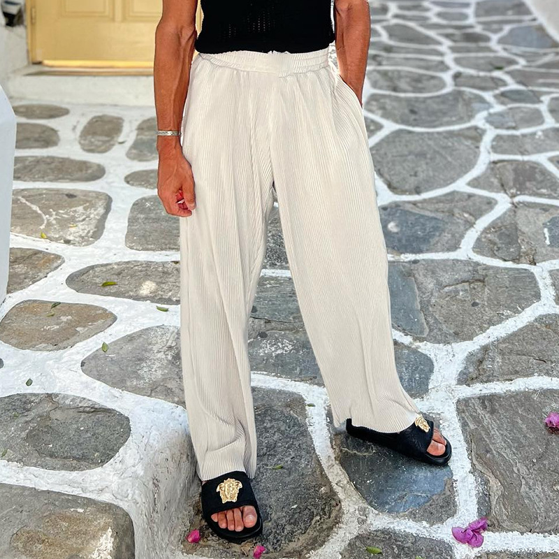 Men's casual loose fitting beach outfit, solid color striped short sleeved set, men's shirt two-piece set_voghion.com