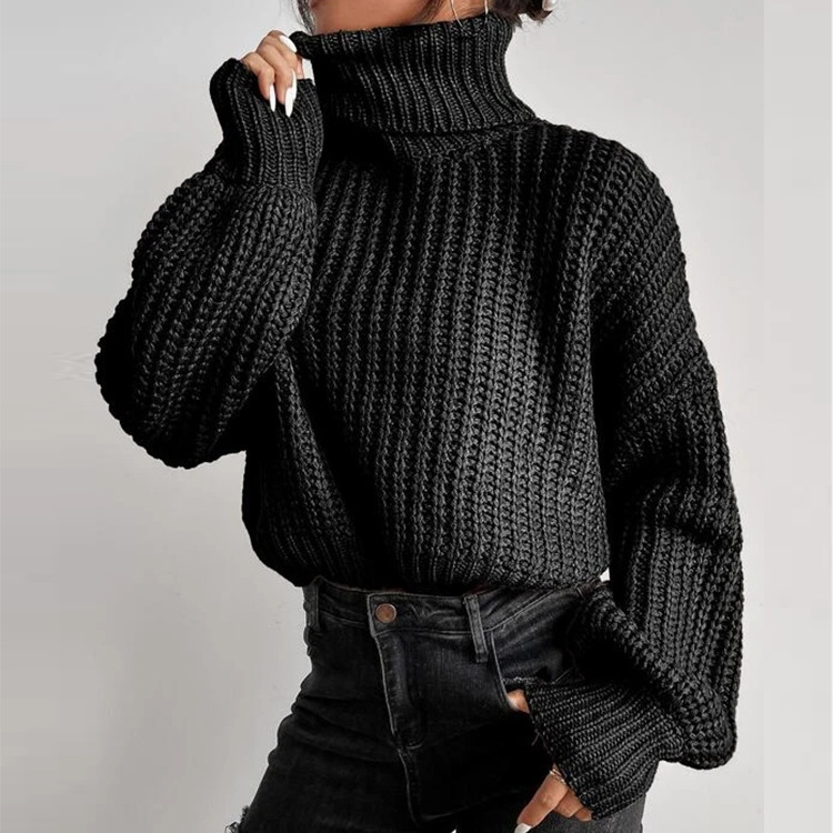 Women's fashion drop shoulder long sleeve knit loose turtleneck sweater_voghion.com
