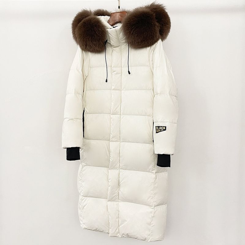 Abbigliamento da donna Giacca lunga con cappuccio e finiture in pelliccia di volpe, 90% piumino d'oca, nylon impermeabile, elegante e caldo cappotto invernale_voghion.com